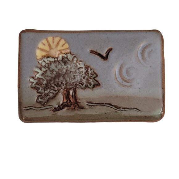 Artisan Clay Pottery Enamel Tree Scene Brooch Pin, Signed M704 - Picture 8 of 8